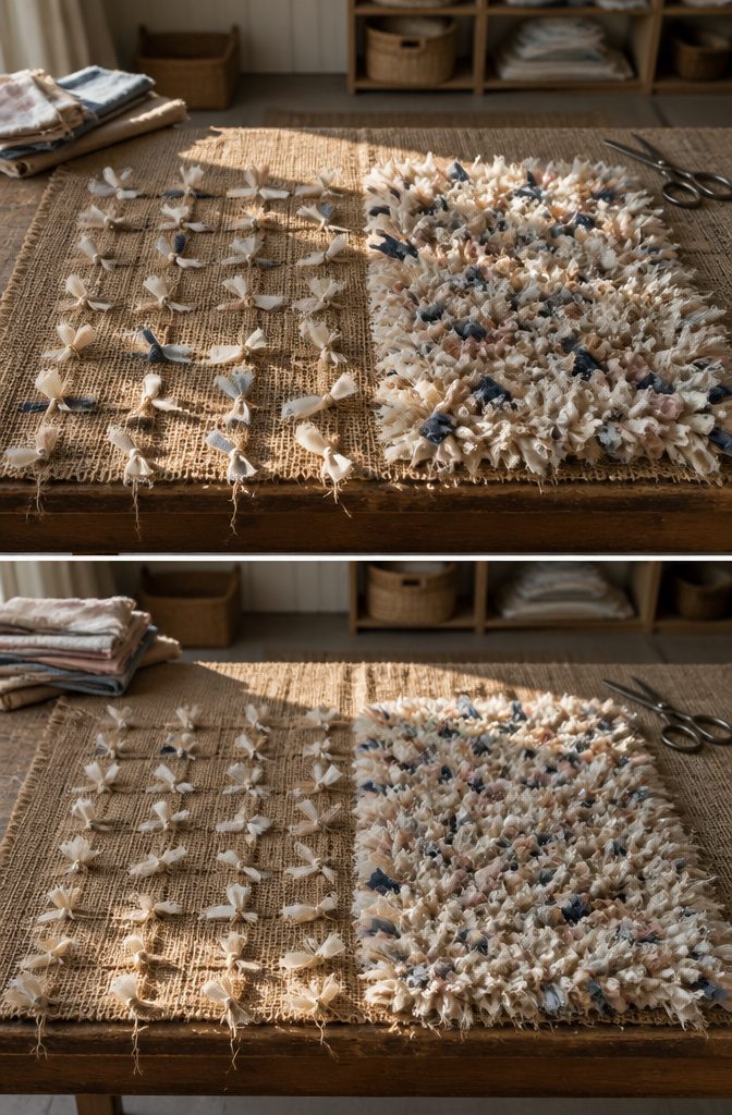 Rag rug sections comparing dense fabric spacing with visible hessian gaps