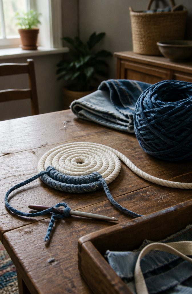 Compact rope coil with denim yarn passing through its center and around two rows