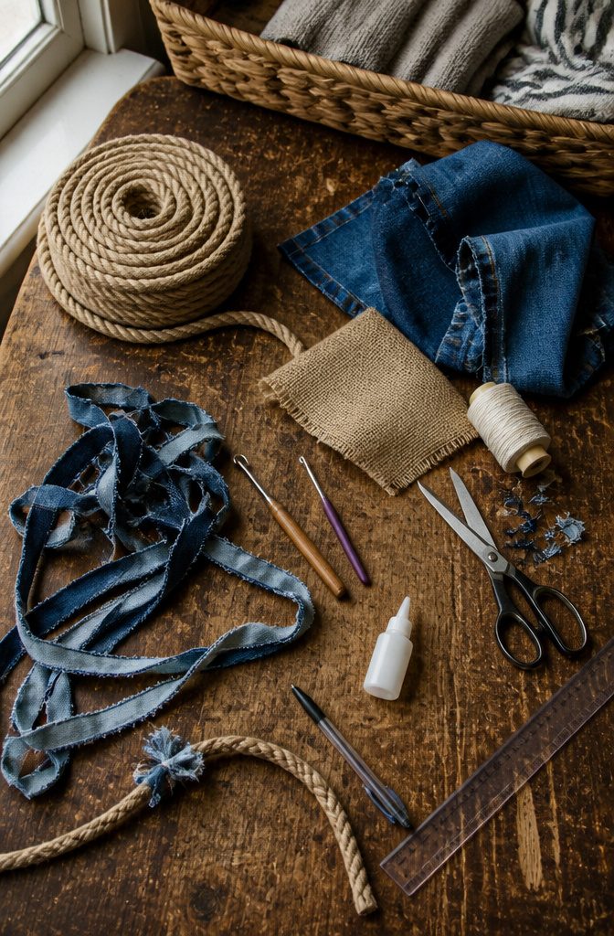Rope and denim yarn beside scissors ruler and crochet hook