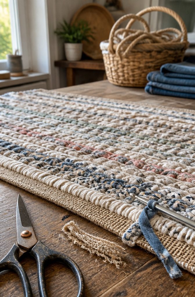 Crochet hook weaving a loose fabric-yarn end into the rug edge