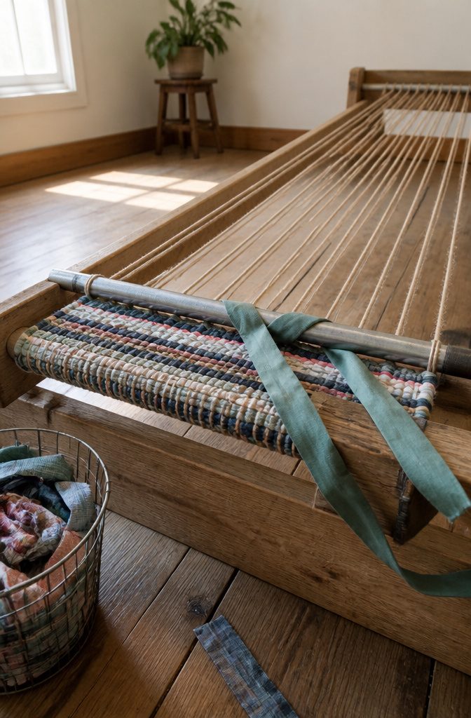 Rag strips turning around a metal rod at the edge of a wooden loom