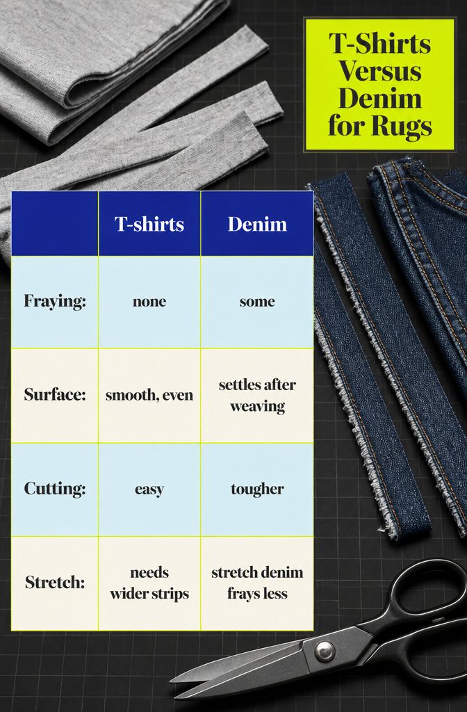 T-shirt fabric strips beside frayed denim strips on a work surface