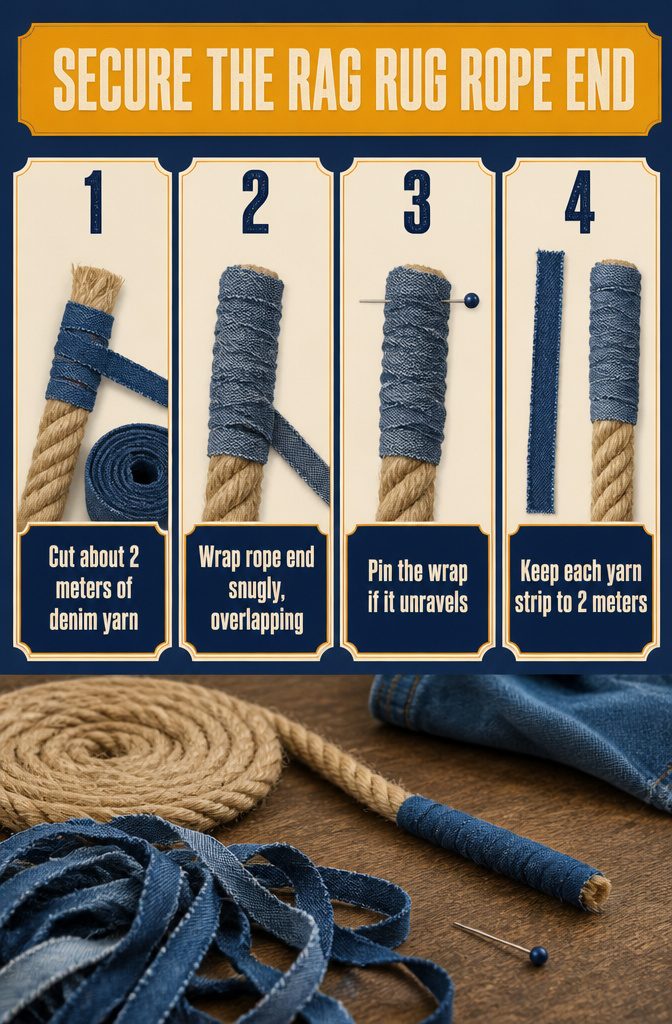 Rope end wrapped in denim yarn and secured temporarily with a pin