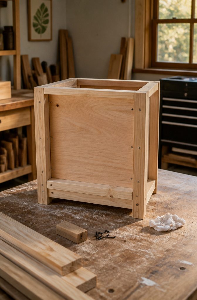 Nightstand frame with recessed plywood back panel and interior supports