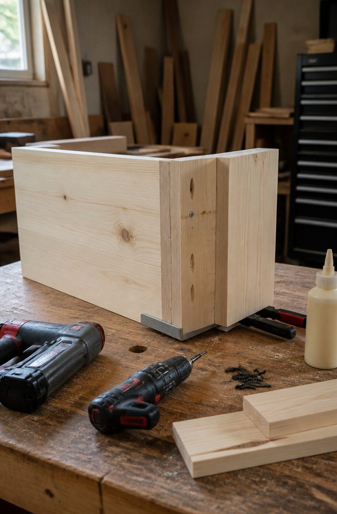 Nightstand side panel joined to a corner post with screws and brad nails
