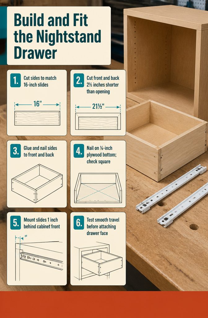 Nightstand drawer box beside metal slides and an unfinished cabinet frame
