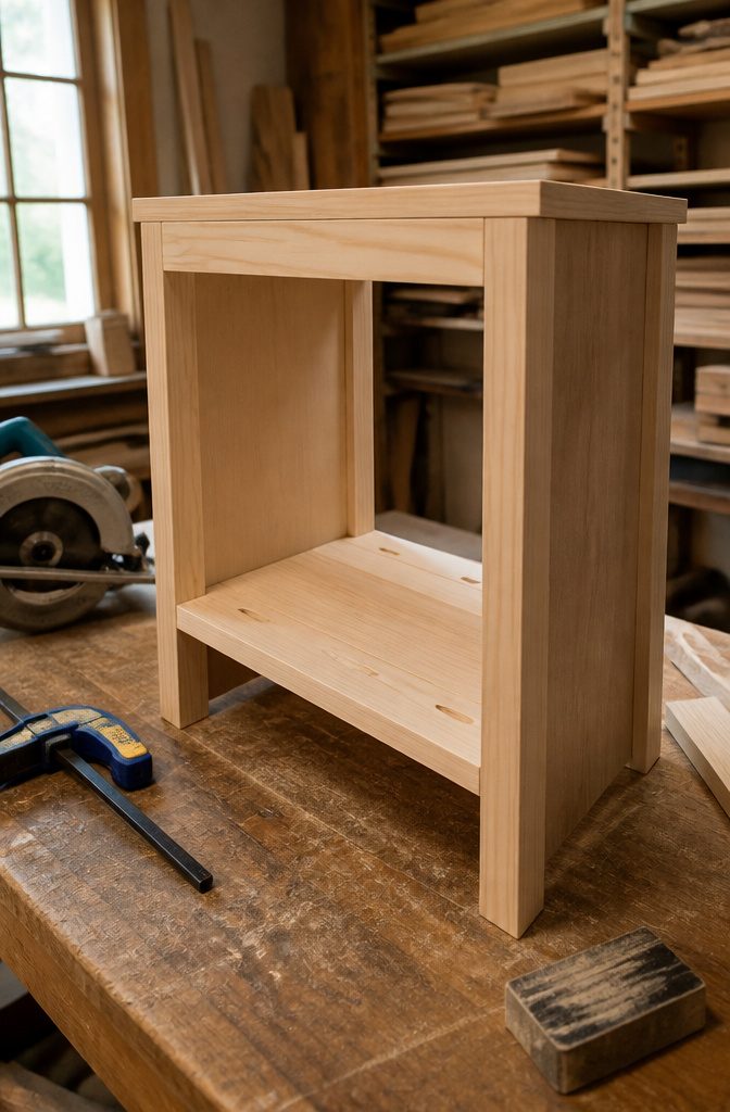 Wooden lower shelf assembled from boards with pocket holes along the edges