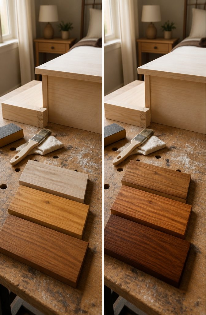 Wood scrap samples with several stain and finish tests arranged together
