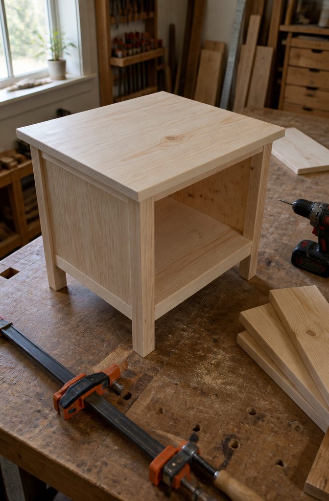 Pine nightstand top joined from boards and overhanging the corner posts