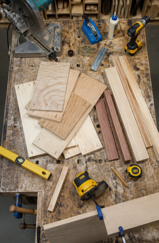 Plywood sheets, pine boards, and red oak lumber arranged for nightstand builds