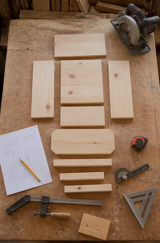 Nightstand plan beside cut boards and measuring tools on a work surface