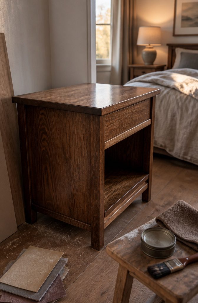 Finished pine nightstand with walnut-brown stain, clear coat, and lower shelf