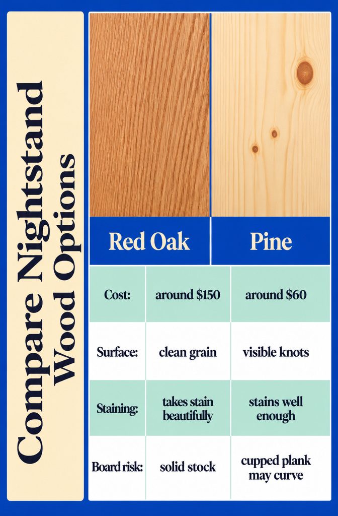 Red oak boards, pine boards, and plywood samples arranged side by side