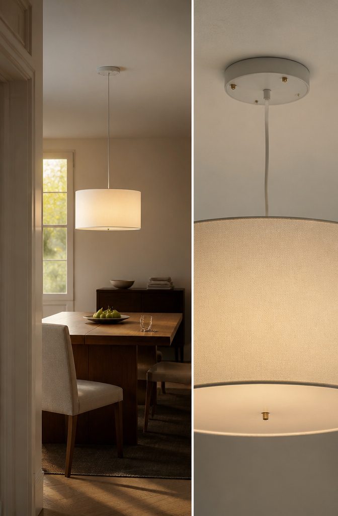Fabric pendant shade hanging from a cord