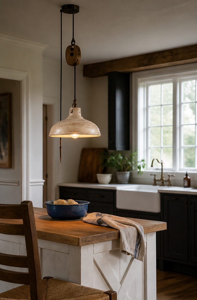 Distressed wood pulley pendant hanging from a cord