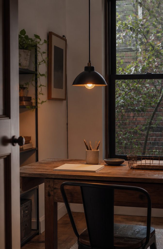 Matte black inverted barn shade with a glowing bulb above a worktable