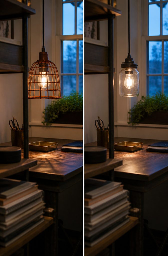 Rust-finish metal cage pendant and clear-glass Mason jar pendant