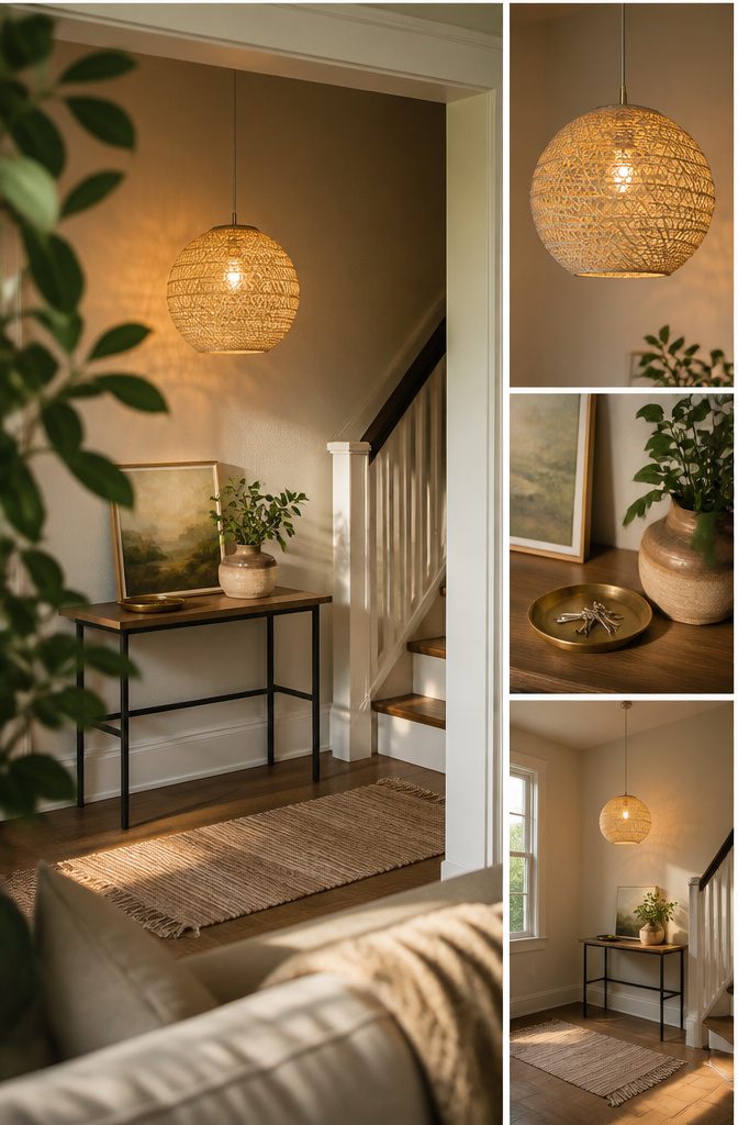 Cream rattan sphere pendant hanging from a slim wire