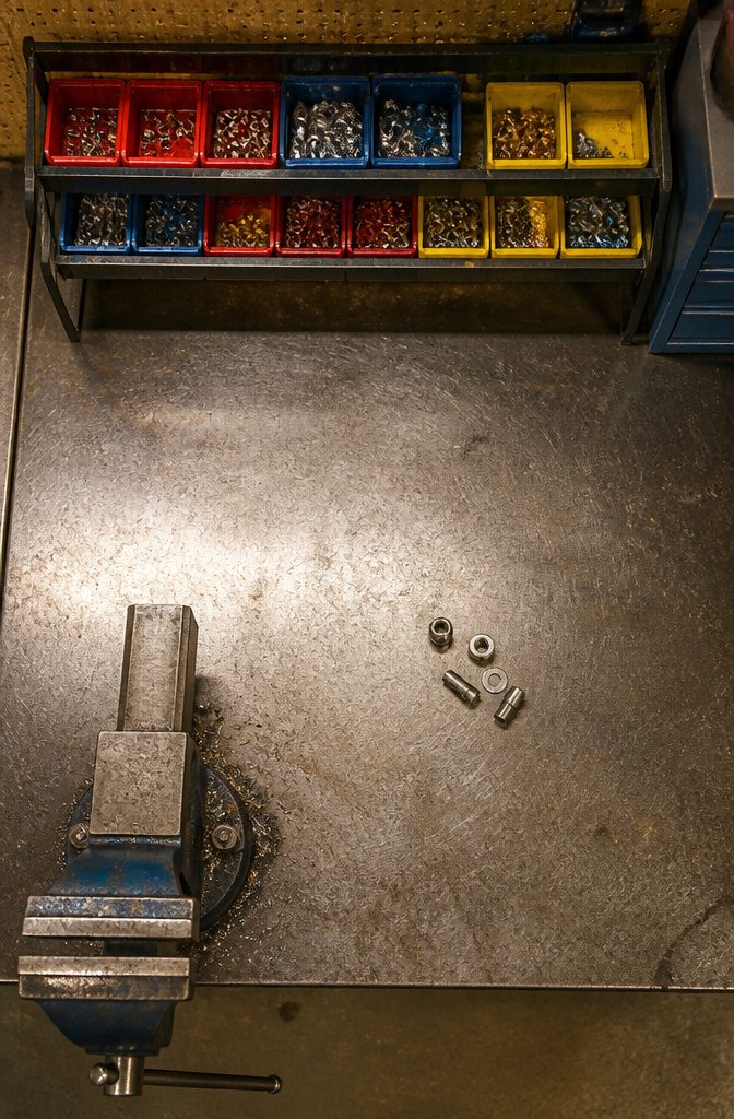 Small tabletop rack holding removable bins on a workbench