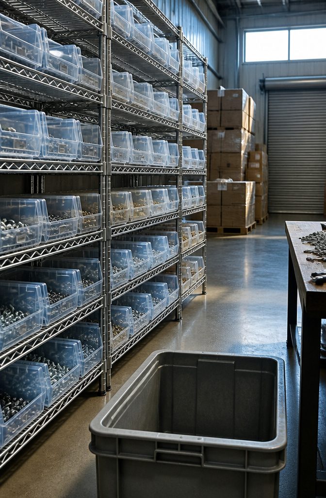 Clear plastic bins filled with hardware on open wire shelving
