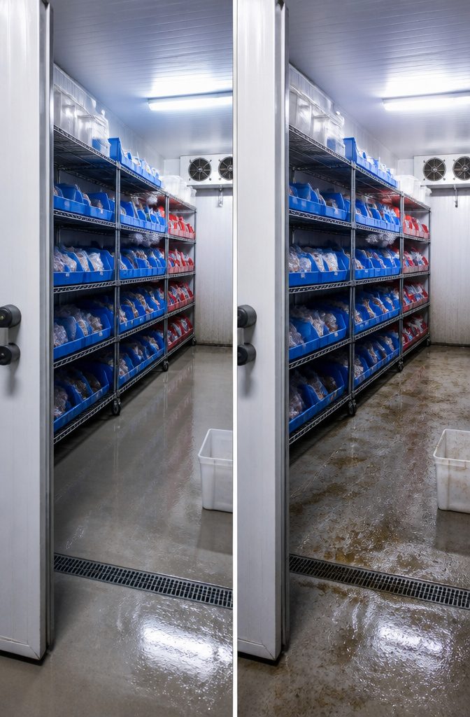 Plastic bins arranged on wire shelving in a storage area