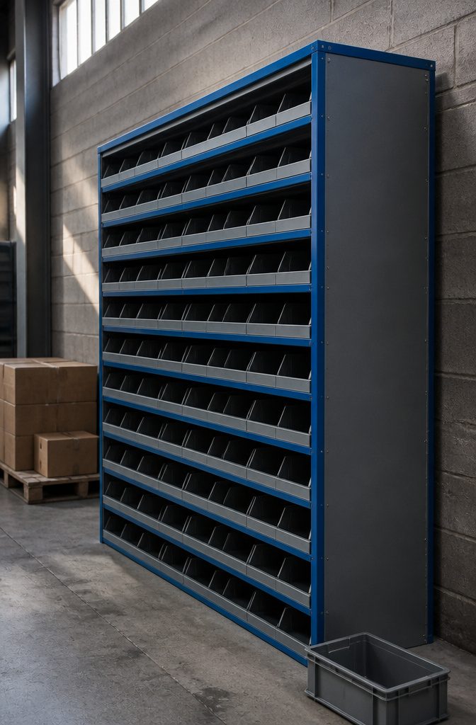 Steel storage rack with multiple shelves for bins