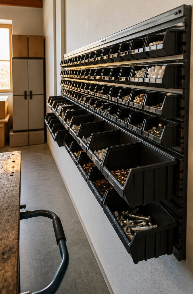Storage bins attached to a wall panel above a clear floor