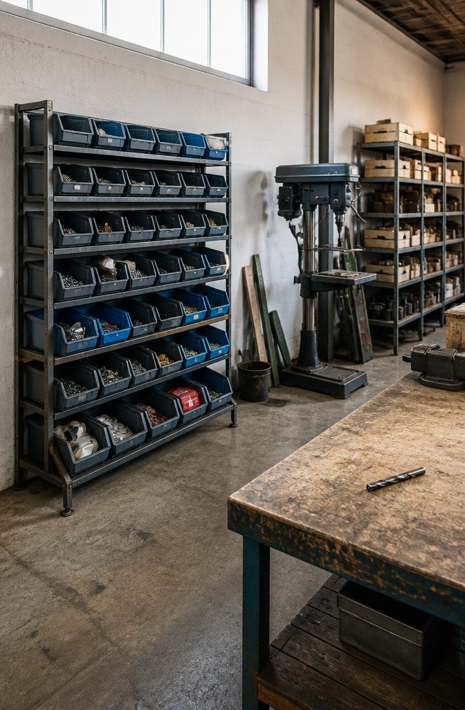 Storage bin rack with shelves for organizing small parts tools and supplies