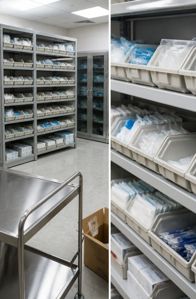 Storage bin rack holding assorted supplies in a workplace