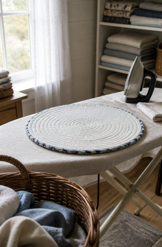 Braided rug underside covered with pale fusible interfacing on an ironing board