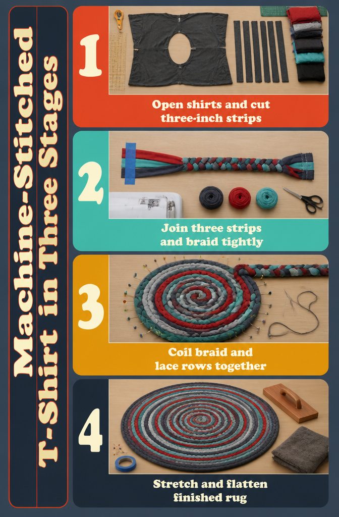 Braided T-shirt rug in stages with fabric strips and stitched coils