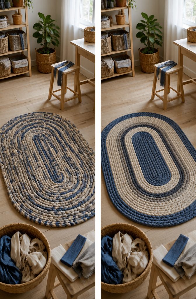 Blue and neutral T-shirt fabric strips arranged for a rug