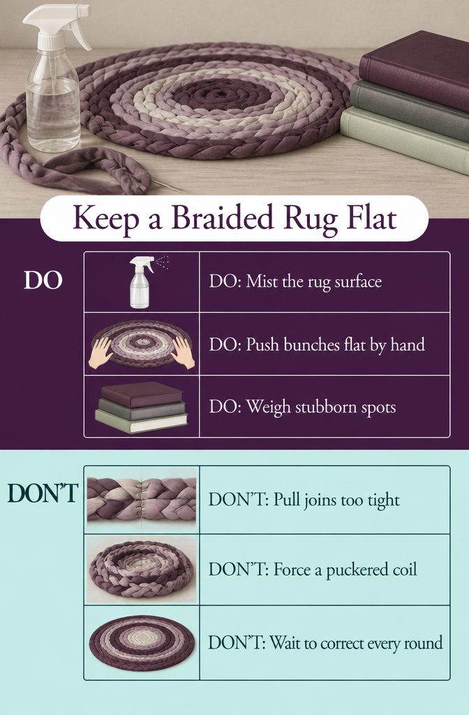 Braided rug flattening graphic with water spray and heavy objects