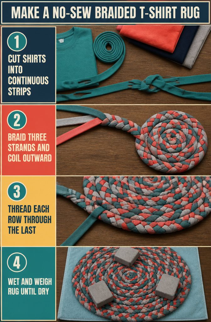 Braided T-shirt rug coiled into a flat spiral from the center
