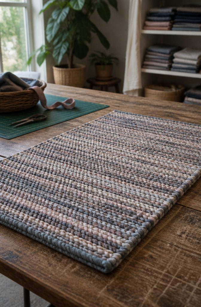 Woven T-shirt rug with close rows, small knots, and curled raw edges