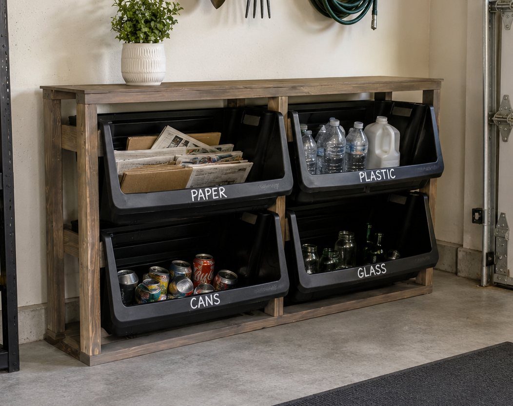 Wooden storage rack holding four black recycling totes labeled for paper, plastic, cans, and glass.