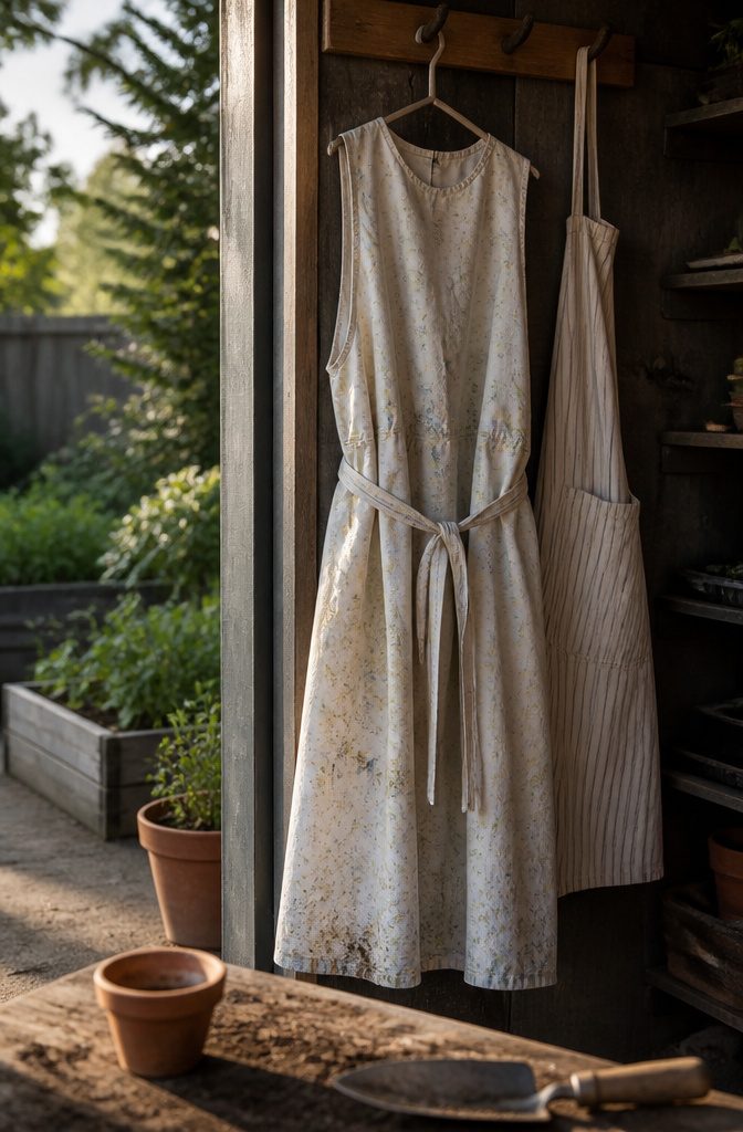 14 Ways to Reuse Ripped Sheets Instead of Throwing Them Out 9 Cotton sheet apron with fabric belt beside sewing supplies