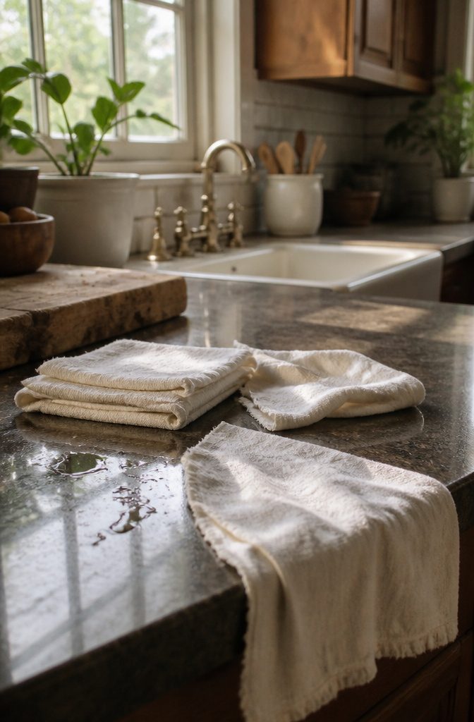 14 Ways to Reuse Ripped Sheets Instead of Throwing Them Out 1 Fraying cotton cloth squares beside a damp rag and water spill