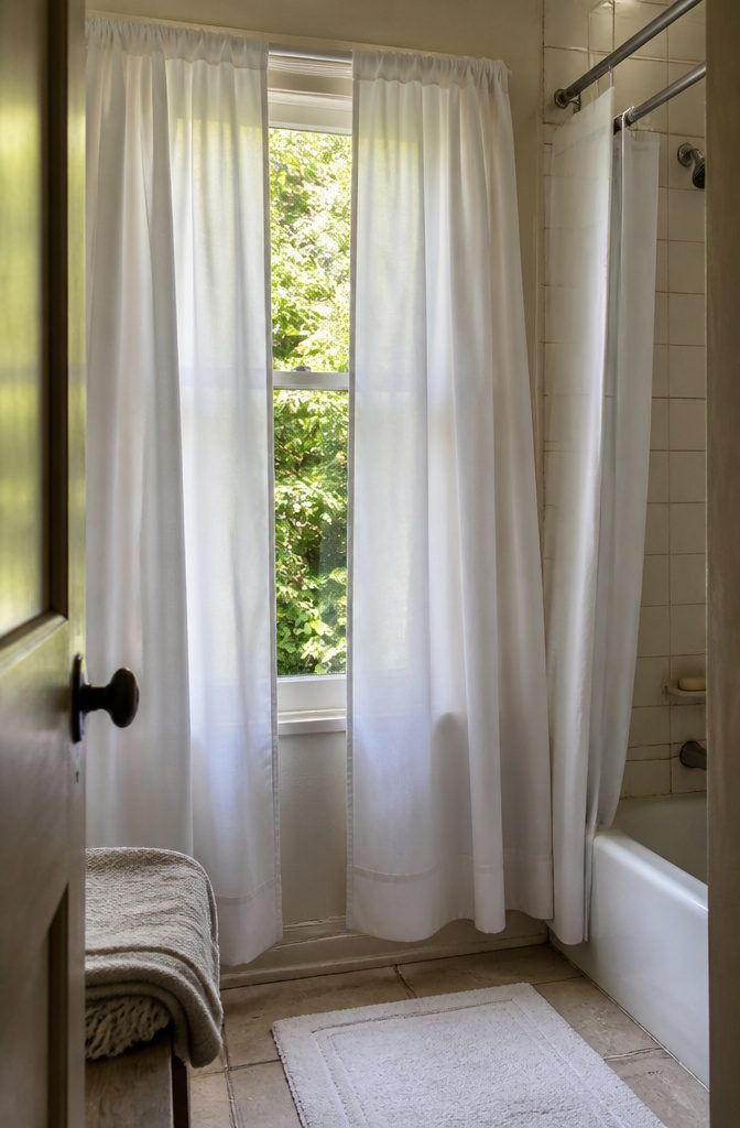14 Ways to Reuse Ripped Sheets Instead of Throwing Them Out 7 Cotton sheet hanging as a window curtain beside a shower curtain