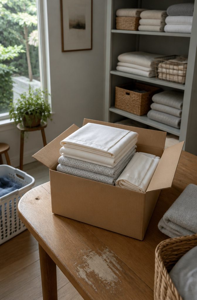 14 Ways to Reuse Ripped Sheets Instead of Throwing Them Out 12 Open cardboard donation box holding folded cotton sheets and a complete bedding set