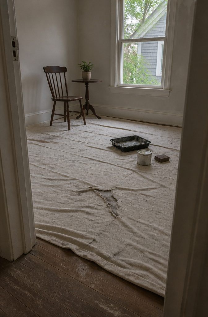 14 Ways to Reuse Ripped Sheets Instead of Throwing Them Out 5 Ripped sheet spread across a floor beneath paint supplies