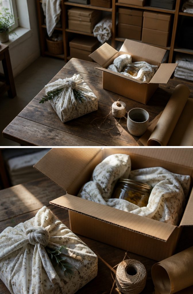 14 Ways to Reuse Ripped Sheets Instead of Throwing Them Out 4 Sheet fabric squares folded beside crumpled packing scraps in a box