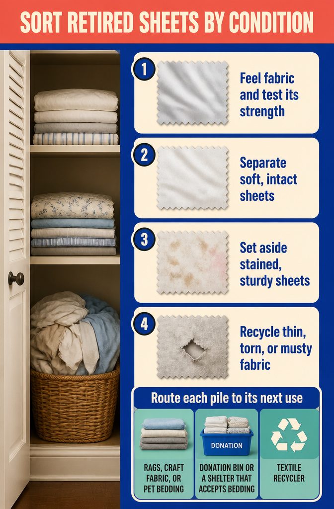 14 Ways to Reuse Ripped Sheets Instead of Throwing Them Out 15 Three sorted piles of sheets showing intact stained and threadbare fabric