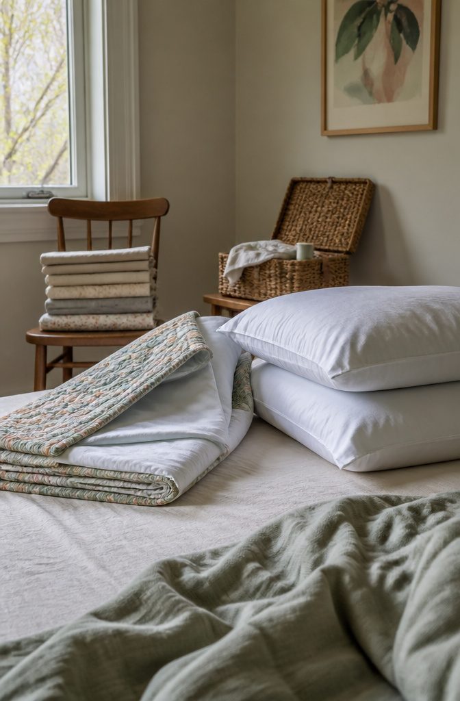 14 Ways to Reuse Ripped Sheets Instead of Throwing Them Out 8 Folded quilt with sateen backing beside pressed percale pillow covers