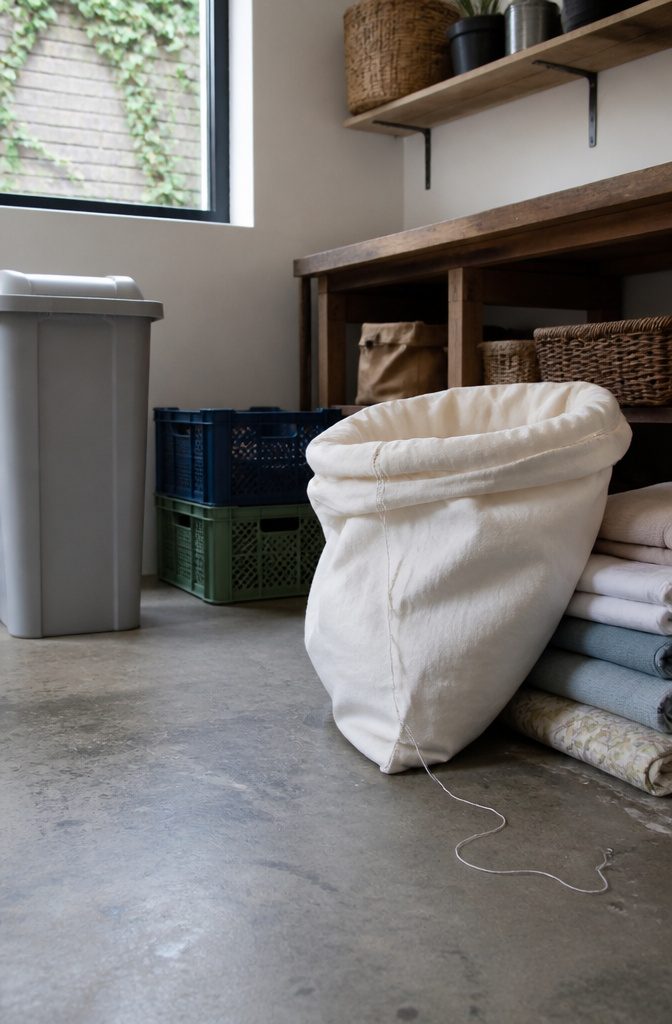 14 Ways to Reuse Ripped Sheets Instead of Throwing Them Out 13 Folded worn sheet in an unmarked fabric sack beside retired linens