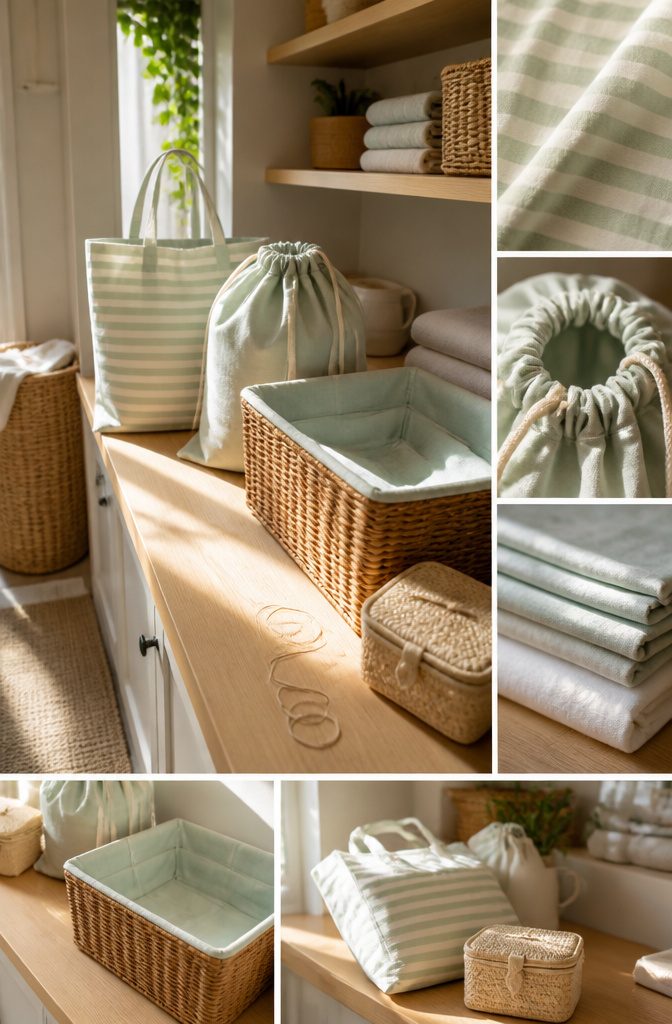 14 Ways to Reuse Ripped Sheets Instead of Throwing Them Out 6 Reusable tote bag sewn from cotton sheet fabric beside fabric scraps