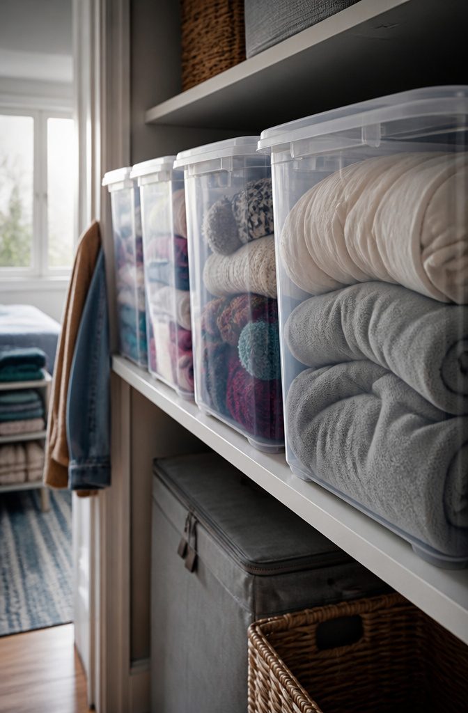 What to Put in Storage Bins: 6 Categories That Work 1 Storage bin filled with folded clothing and household linens
