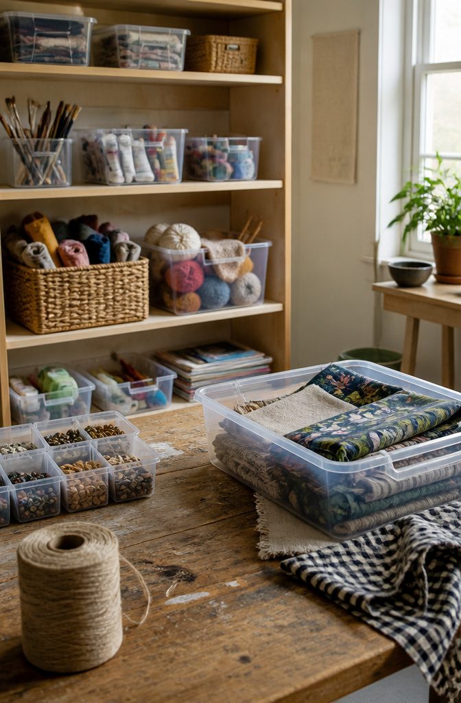 What to Put in Storage Bins: 6 Categories That Work 5 Craft supplies stored in clear bins and fabric baskets