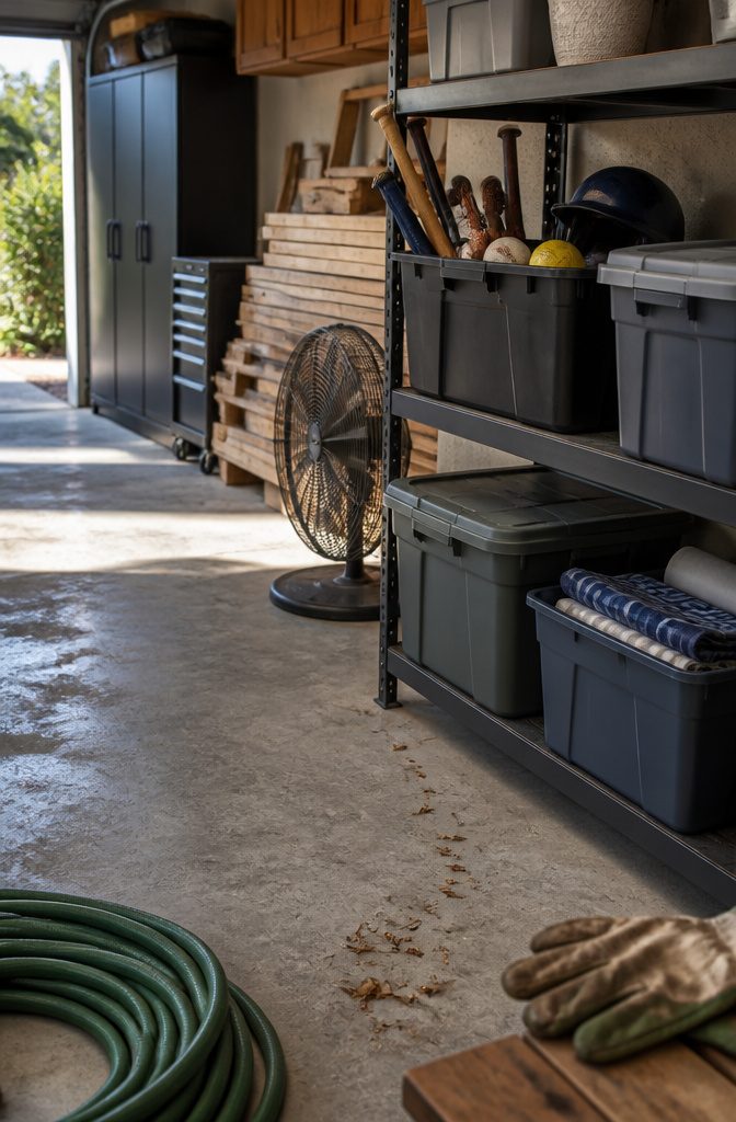 What to Put in Storage Bins: 6 Categories That Work 6 Garage shelf with sports equipment garden tools and folded tablecloths