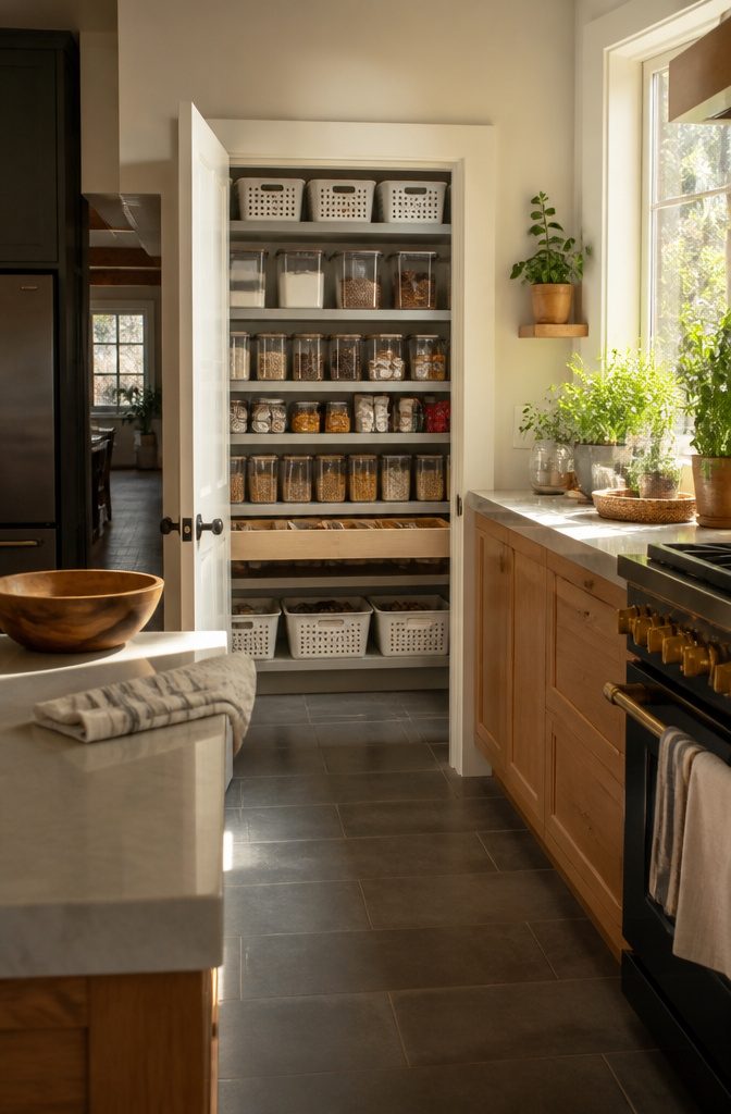 What to Put in Storage Bins: 6 Categories That Work 4 Kitchen pantry shelves with clear bins holding food and supplies